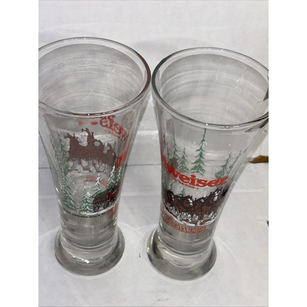 Vtg 1989 Budweiser Pilsner Beer Glasses Clydesdale Winter Holiday Christmas set - Picture 5 of 5